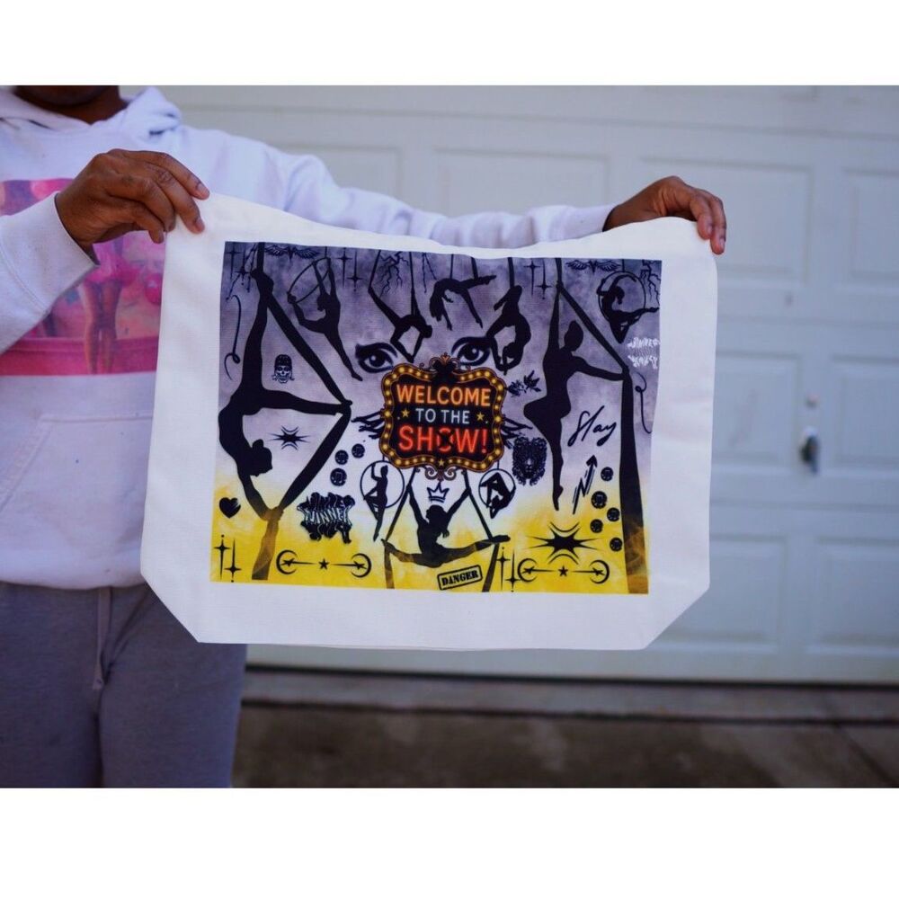 Circus Performer Canvas Tote Bag Heavy Duty Recycled Yellow Graphic Aerial Art